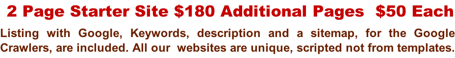 2 Page Starter Site $180 Additional Pages  $50 Each Listing with Google, Keywords, description and a sitemap, for the Google  Crawlers, are included. All our  websites are unique, scripted not from templates.
